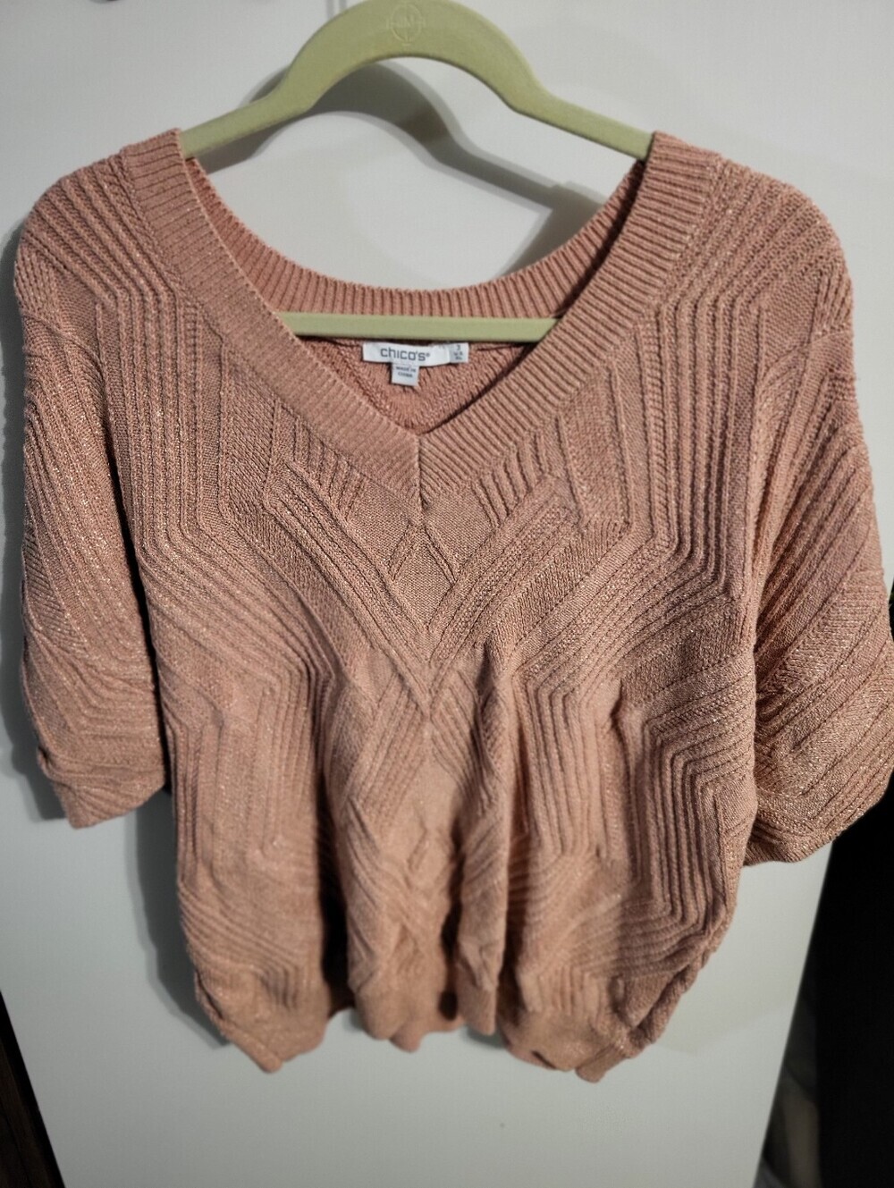 CHICOS POWDER PINK SHORT DLEEVE SWEATER SZ XL